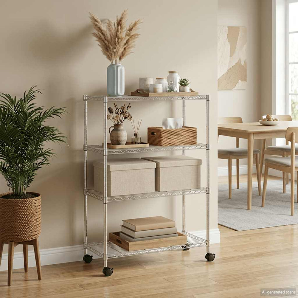 vidaXL 4-Tier Storage Rack with Wheels 90x35x142 cm Chrome 200 kg