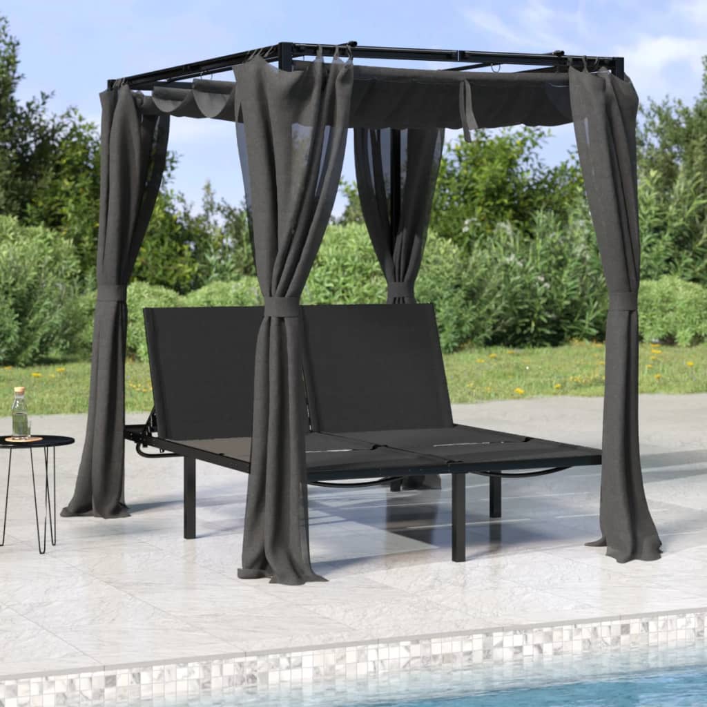 vidaXL Double Sun Lounger with Curtains and Canopy Anthracite
