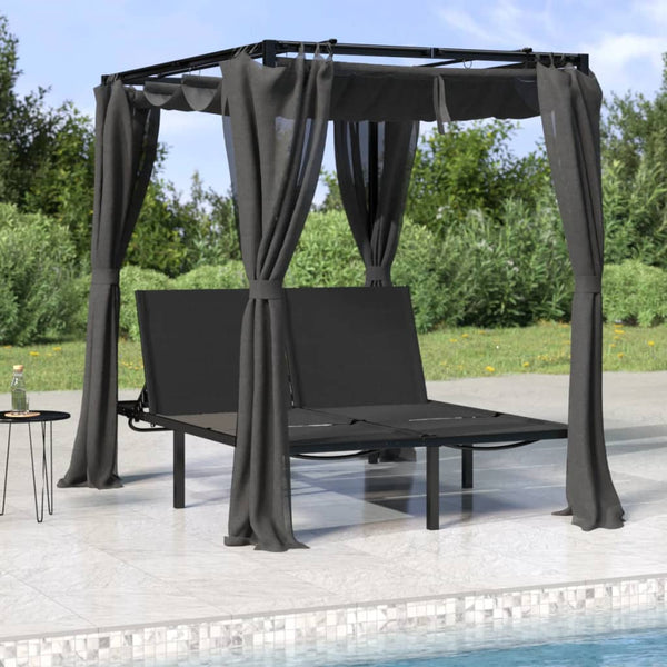 vidaXL Double Sun Lounger with Curtains and Canopy Anthracite