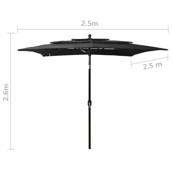 vidaXL Parasol with Aluminum Pole 3-layer Black 2.5x2.5 m