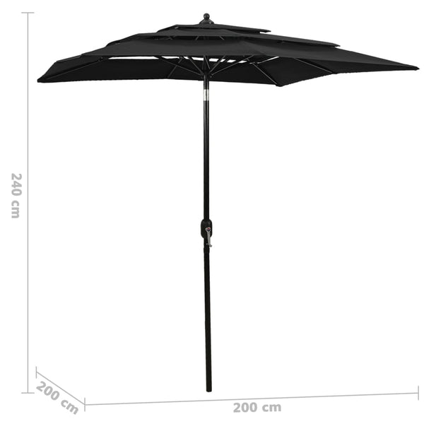 vidaXL Parasol with Aluminum Pole 3-Layer Black 2x2 m