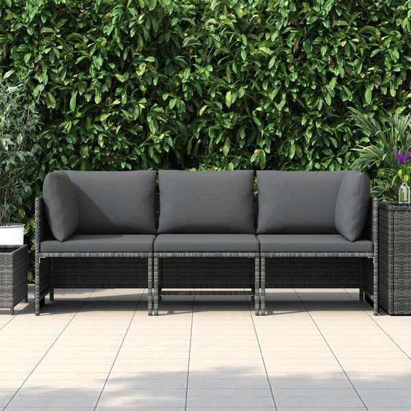 vidaXL 3-Seater Garden Sofa with Cushions Grey Poly Rattan
