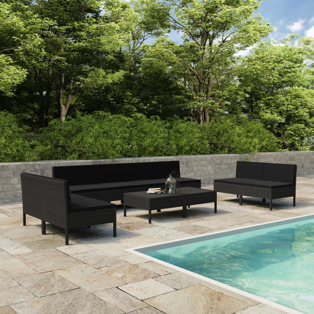 vidaXL 10-piece Garden Lounge Set with Cushions Poly Rattan Black