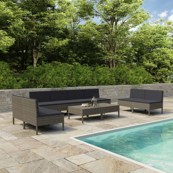 vidaXL 10-pc. Garden Lounge Set with Cushions Poly Rattan Grey