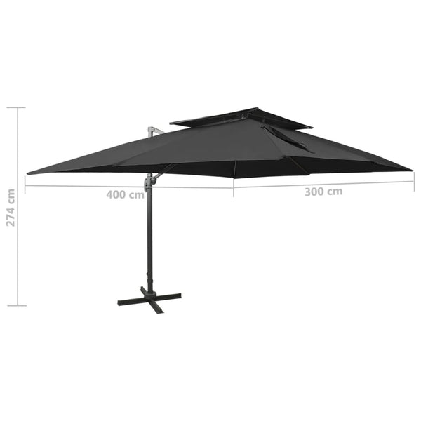 vidaXL Cantilever Umbrella with Double Top Black 400 x 300 cm