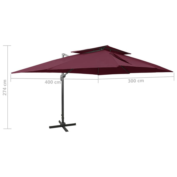 vidaXL Cantilever Umbrella with Double Top Bordeaux Red 400 x 300 cm