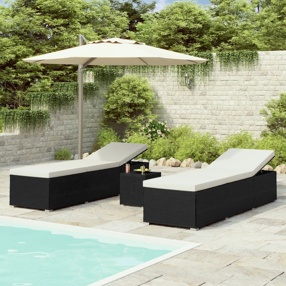 vidaXL 3-Piece Garden Sun Lounger Set with Tea Table Poly Rattan Black