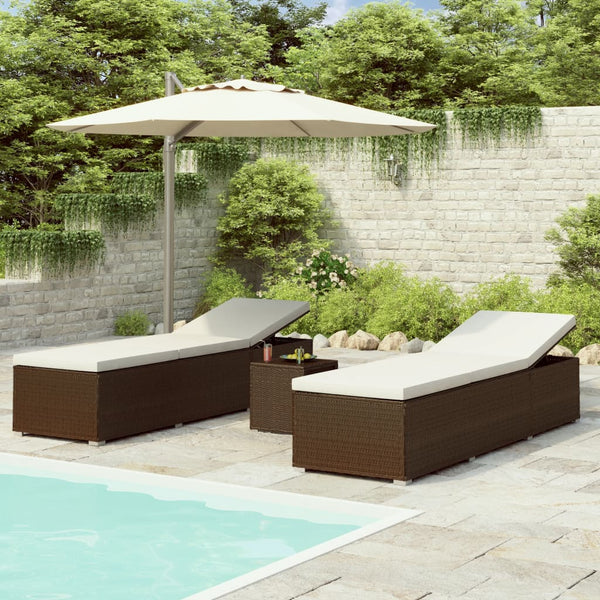 vidaXL 3-Piece Garden Sun Lounger Set with Tea Table Poly Rattan Brown