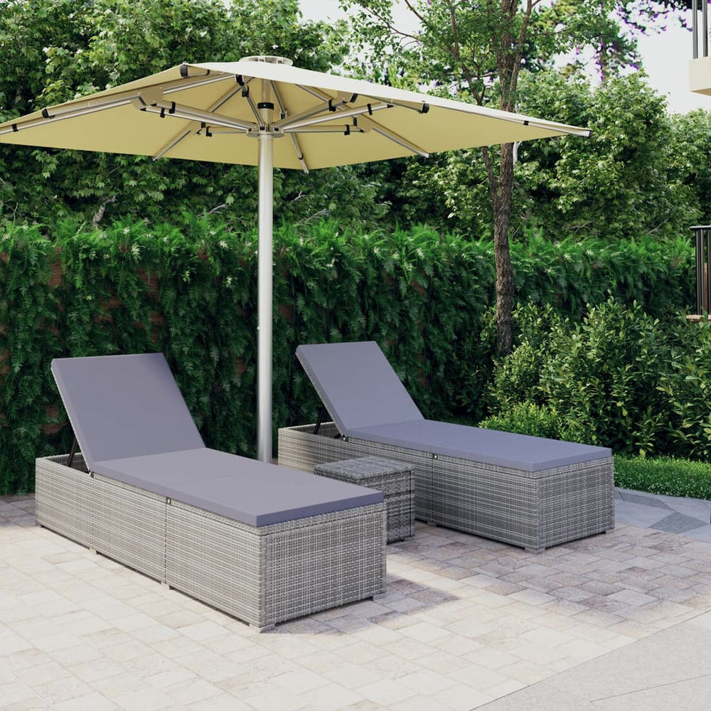 vidaXL 3-Piece Garden Sun Lounger Set with Tea Table Poly Rattan Grey