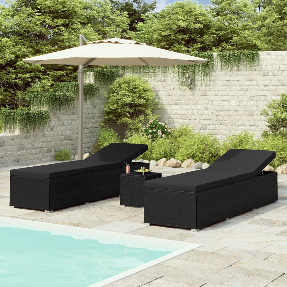 vidaXL 3-Piece Garden Sun Lounger Set with Tea Table Poly Rattan Black