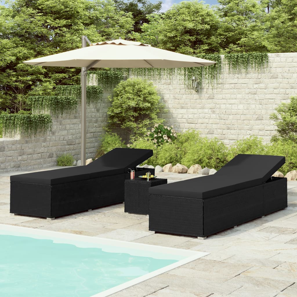 vidaXL 3-Piece Garden Sun Lounger Set with Tea Table Poly Rattan Black