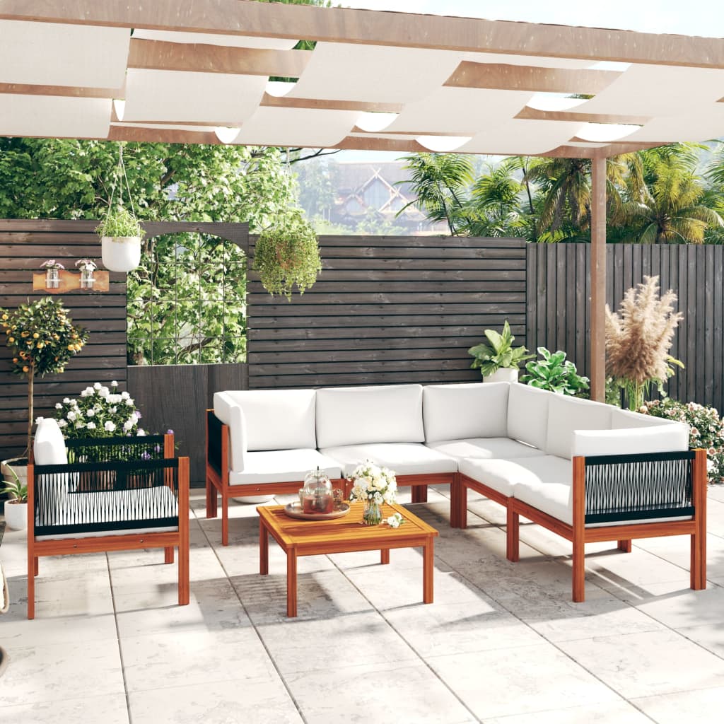 vidaXL 7-Piece Garden Lounge Set with Cushions Cream Acacia Wood & Rope