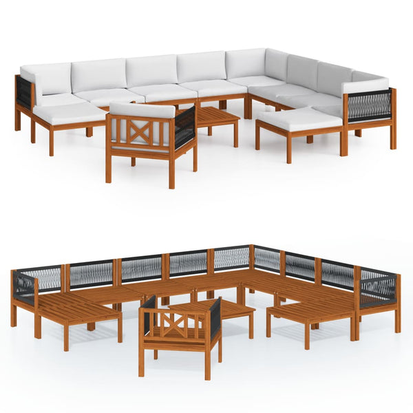 vidaXL 12-piece Garden Lounge Set with Cushions Cream Acacia Wood & Rope