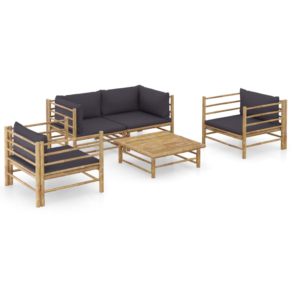 vidaXL 5-piece Garden Lounge Set with Dark Grey Cushions Bamboo