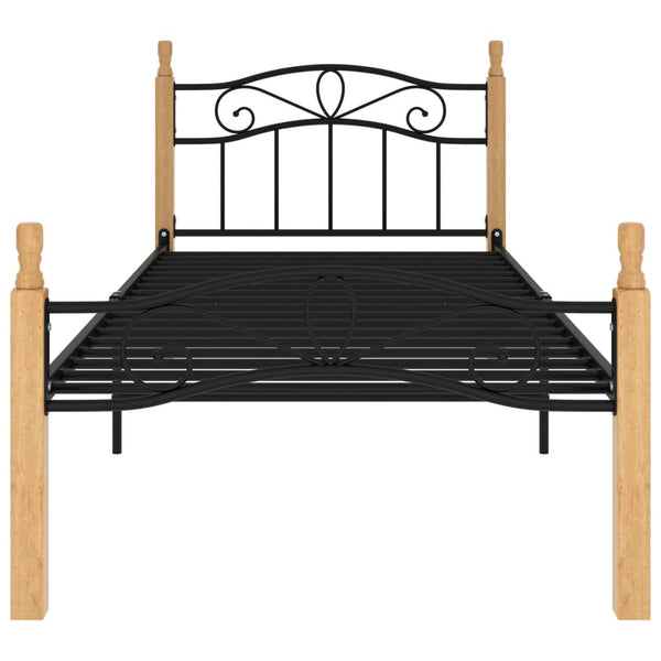 vidaXL Bed Frame Black Metal and Solid Oak Wood 90x200 cm