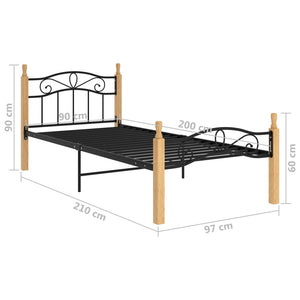 vidaXL Bed Frame Black Metal and Solid Oak Wood 90x200 cm