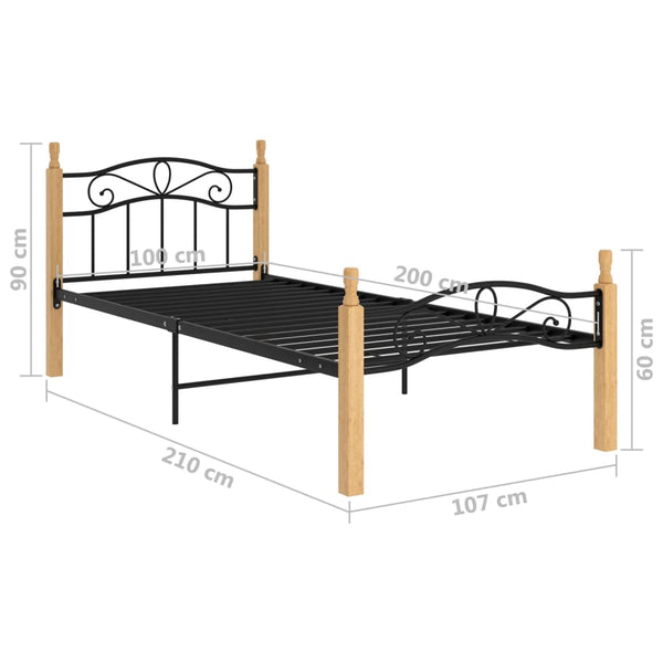 vidaXL Bed Frame Black Metal and Solid Oak Wood 100x200 cm