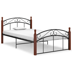 vidaXL Bed Frame Black Metal and Solid Oak Wood 120x200 cm