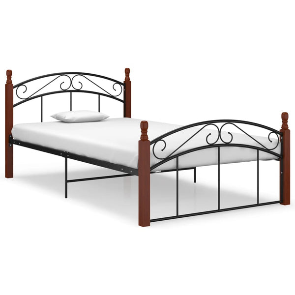 vidaXL Bed Frame Black Metal and Solid Oak Wood 120x200 cm