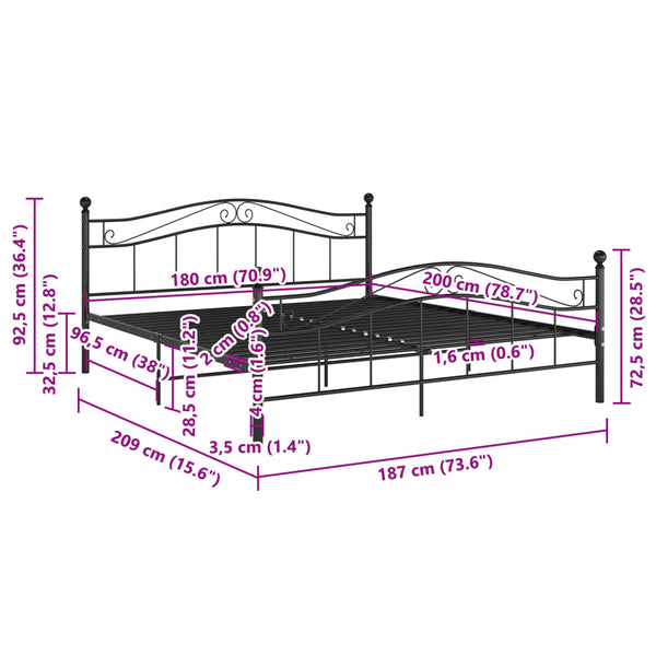 vidaXL Bed Black Metal 180x200 cm
