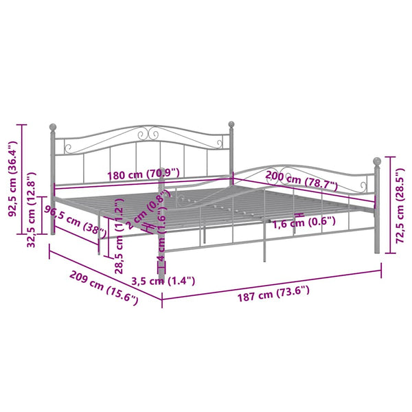 vidaXL Grey Metal Bed 180x200 cm