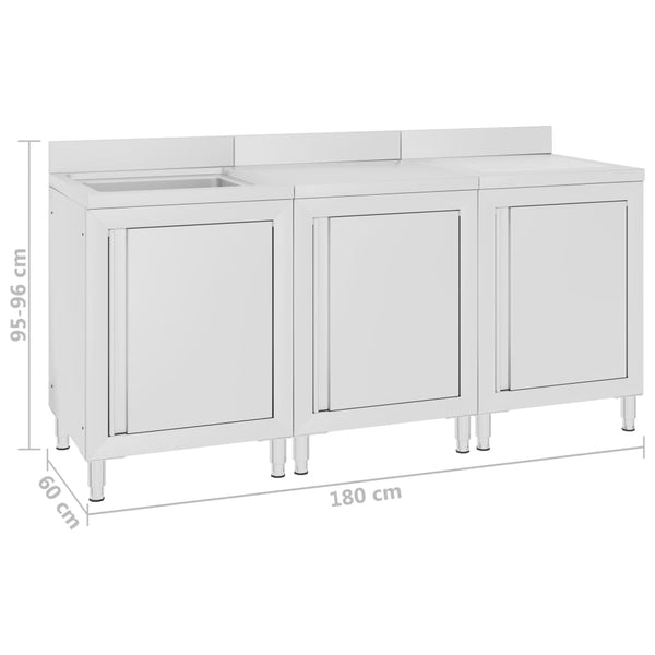 vidaXL Commercial Sink Cabinet 180x60x96 cm Stainless Steel