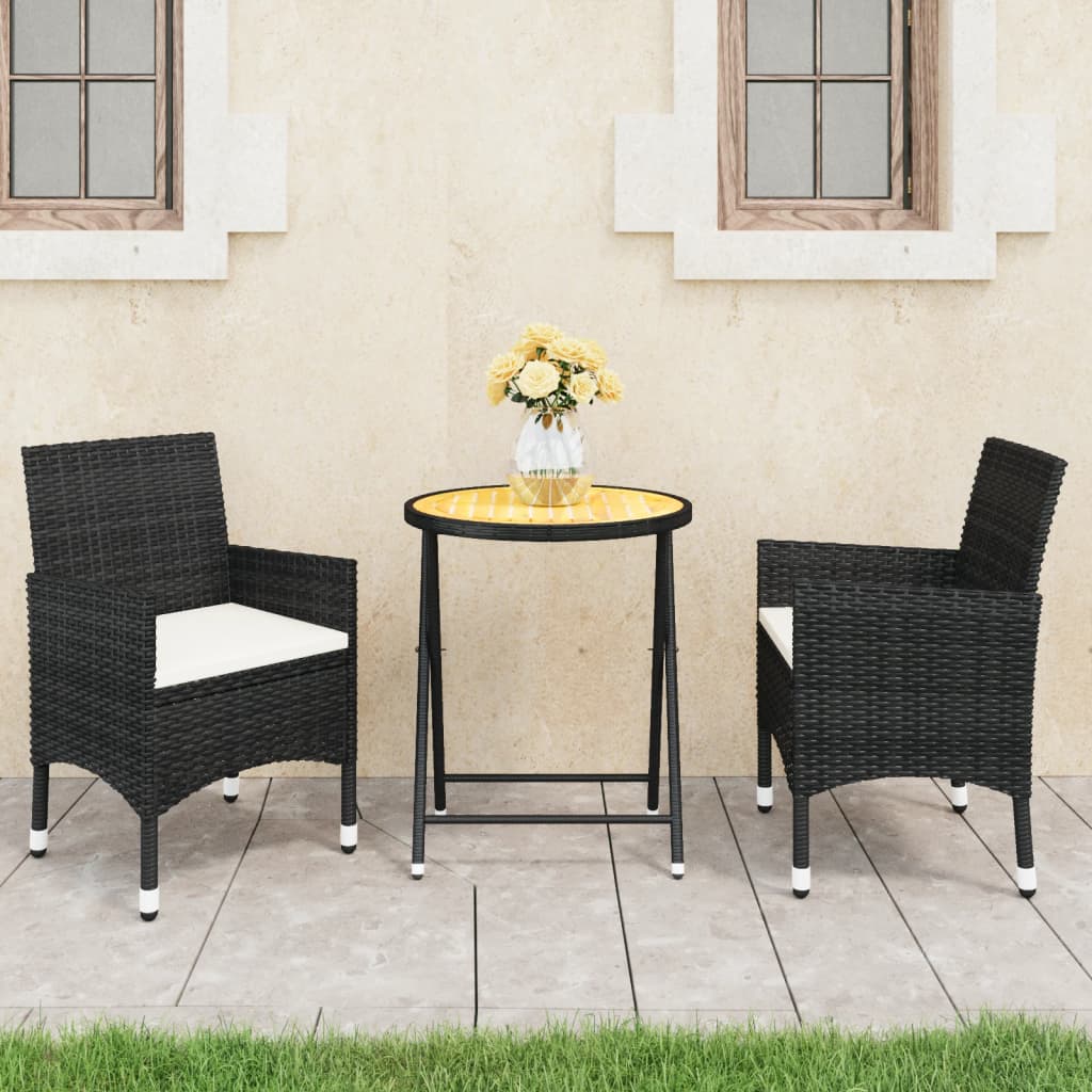 vidaXL 3-Piece Bistro Set Poly Rattan and Acacia Wood Black