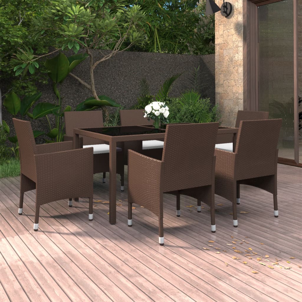 vidaXL 7-Piece Garden Dining Set Poly Rattan and Tempered Glass Brown