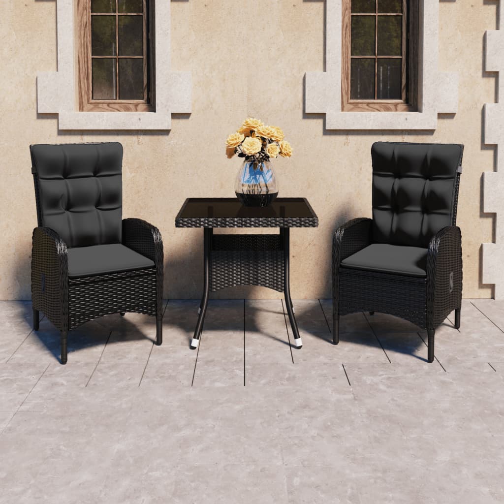 vidaXL 3-Piece Garden Dining Set Poly Rattan and Glass Black