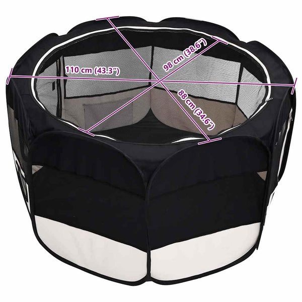 vidaXL Foldable Puppy Playpen with Carry Bag Black 110x110x58 cm