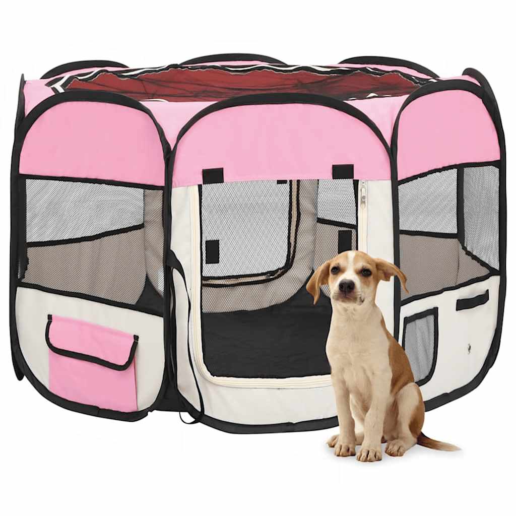 vidaXL Foldable Puppy Playpen with Carry Bag Pink 90x90x58 cm