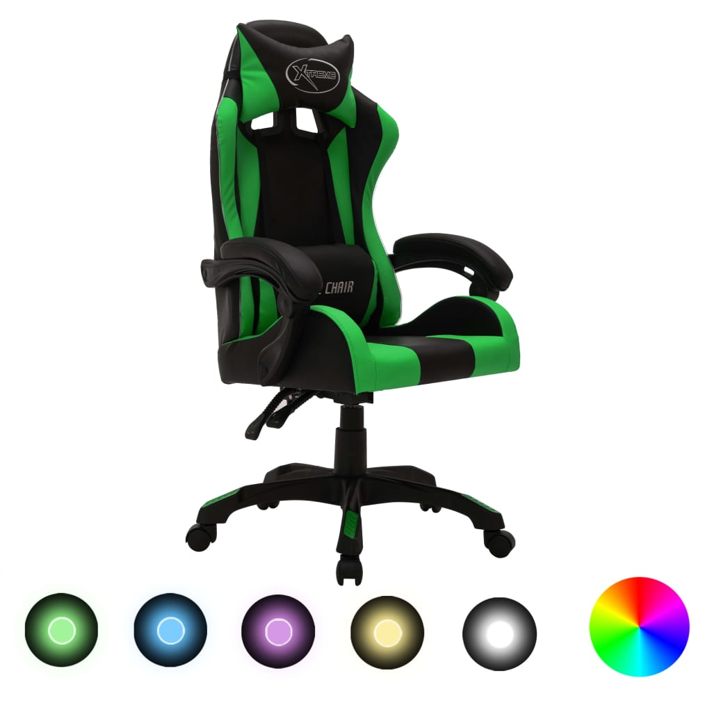 vidaXL Gaming Chair with RGB LED Lights Green and Black Faux Leather