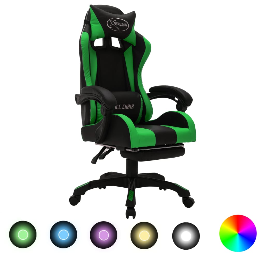 vidaXL Gaming Chair with RGB LED Lights Green and Black Faux Leather