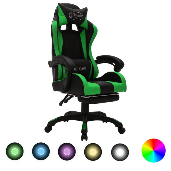vidaXL Gaming Chair with RGB LED Lights Green and Black Faux Leather