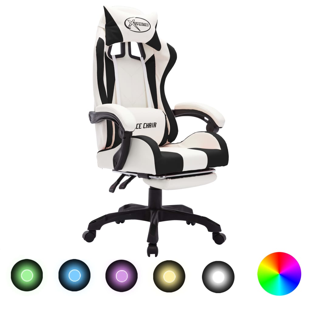 vidaXL Gaming Chair with RGB LED Lights Black and White Faux Leather