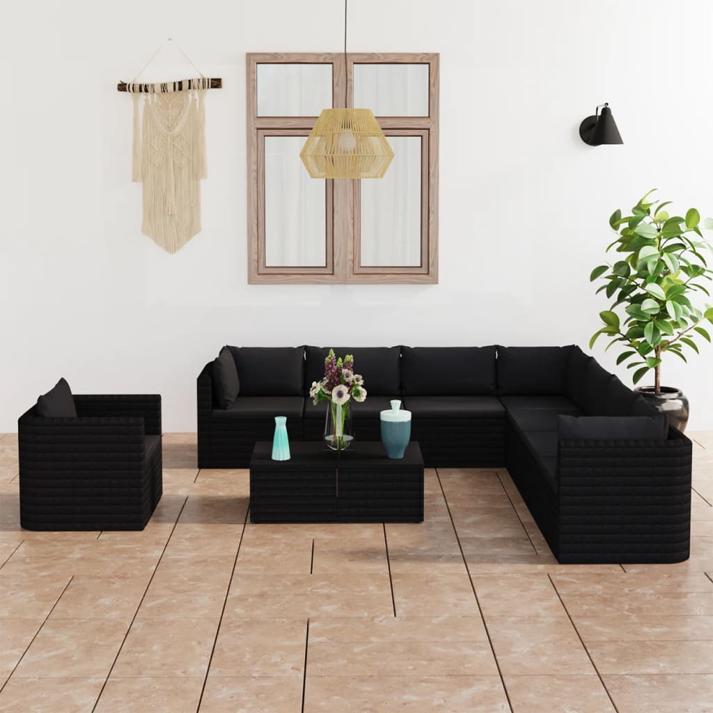 vidaXL 10-Piece Garden Lounge Set with Cushions Poly Rattan Black