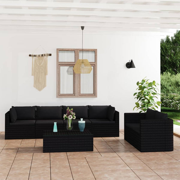 vidaXL 7-Piece Garden Lounge Set with Cushions Poly Rattan Black
