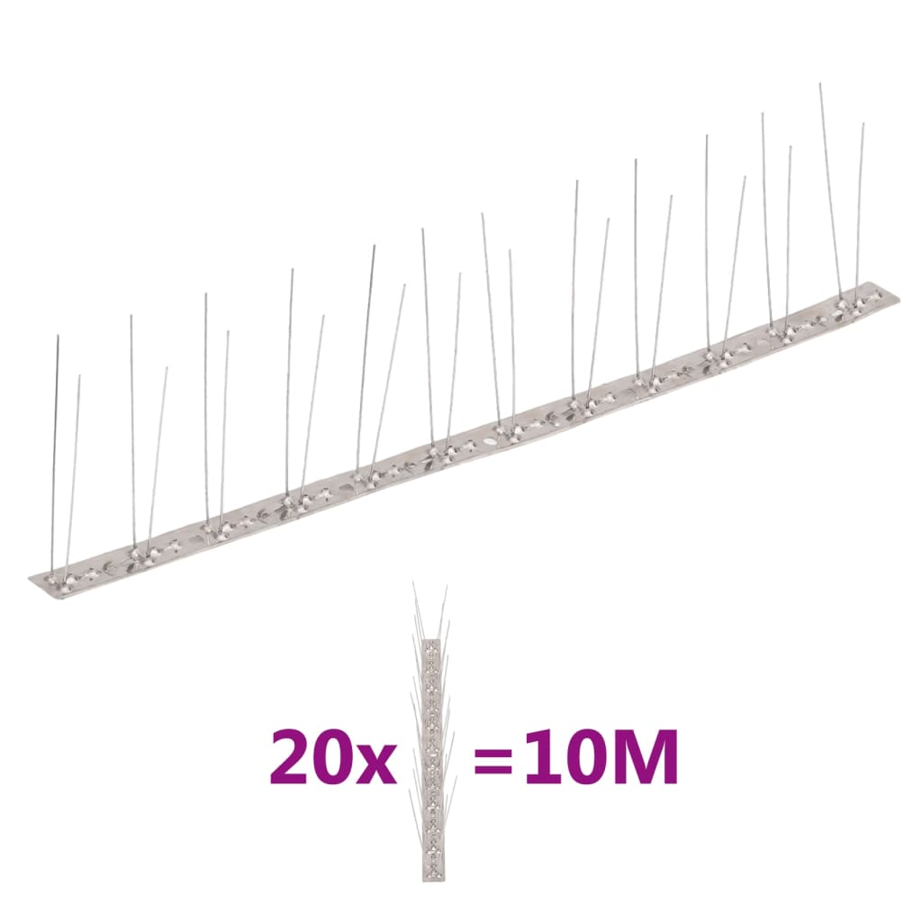 vidaXL 20-piece Pigeon Repellent Spikes Set Stainless Steel 10 m 2-row
