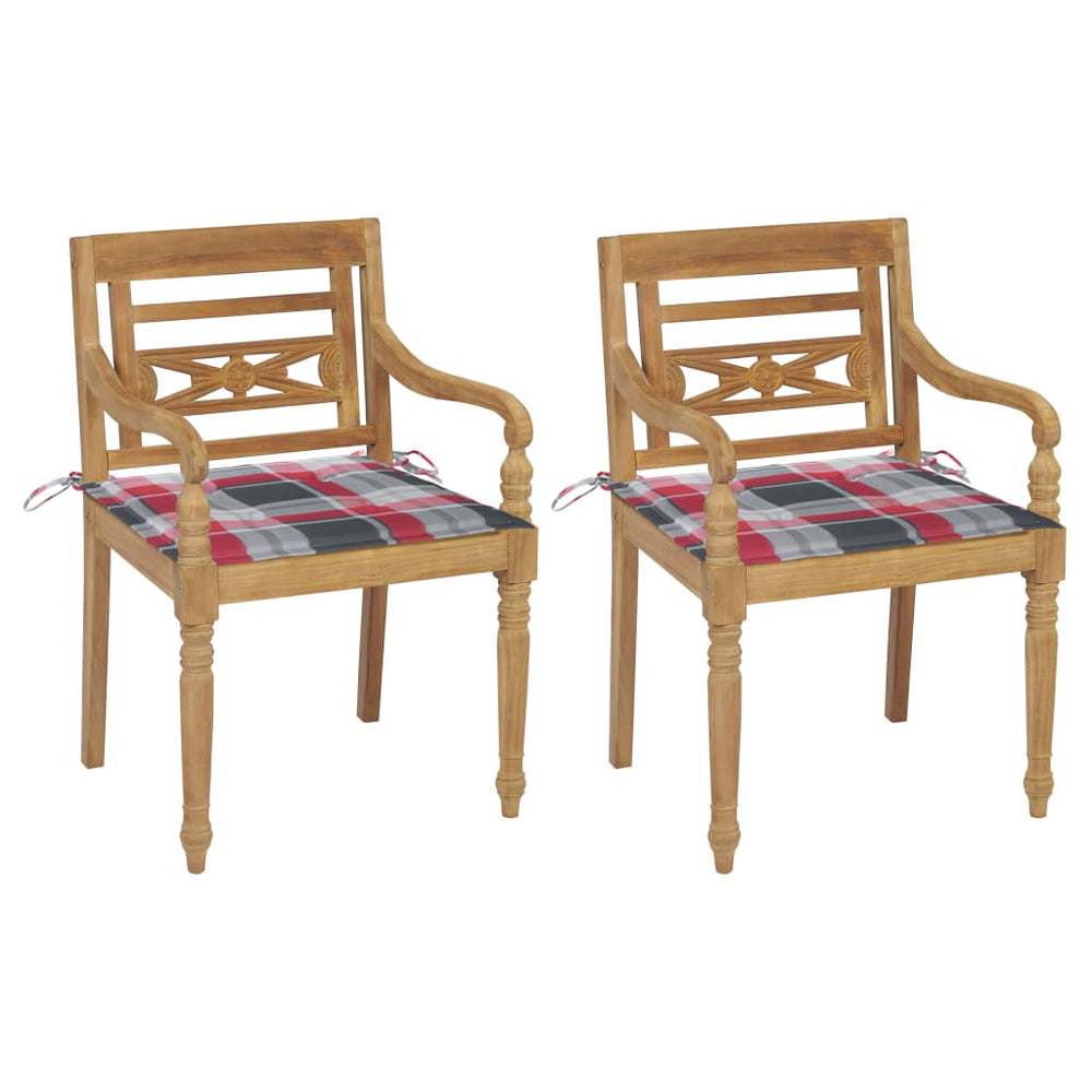 vidaXL Batavia Chairs 2 pcs. Red Plaid Cushions Solid Teak Wood