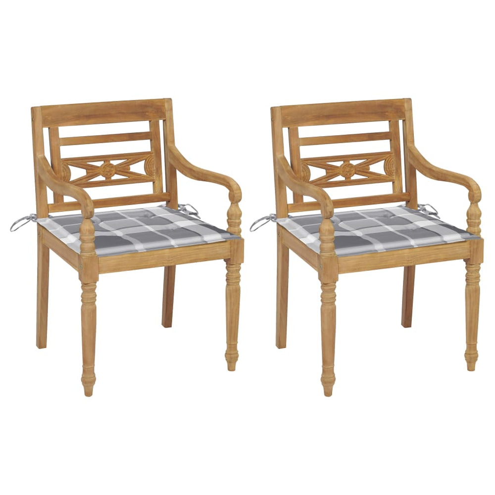 vidaXL Batavia Chairs 2 pcs. Gray Plaid Cushions Solid Teak Wood