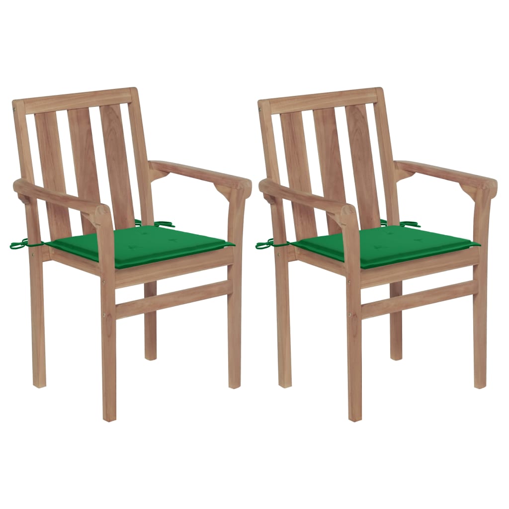 vidaXL Garden Chairs 2 pcs. with Green Cushions Solid Teakwood