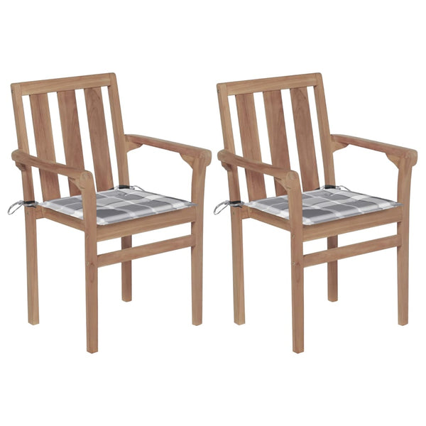 vidaXL Garden Chairs 2 pcs. Gray Plaid Cushions Solid Teak Wood