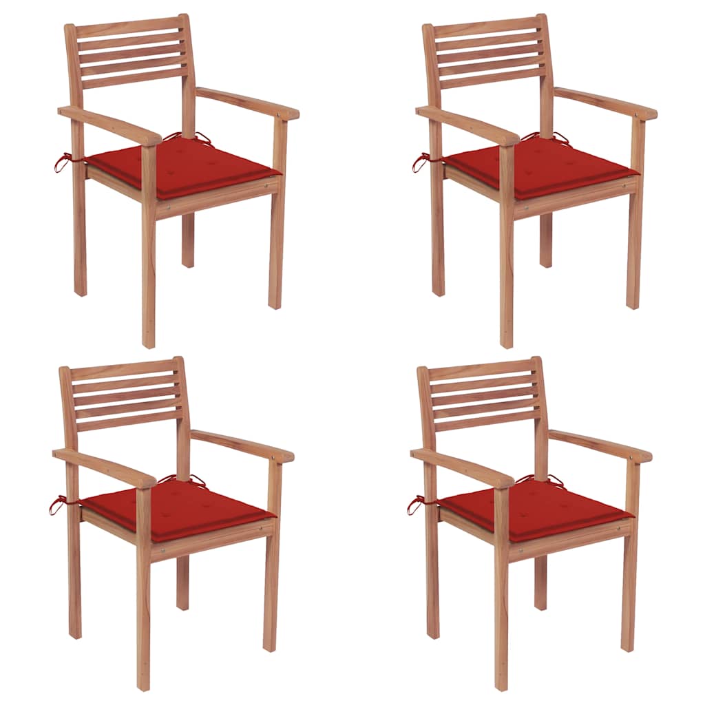 vidaXL Garden Chairs 4 pcs. with Red Cushions Solid Teak Wood