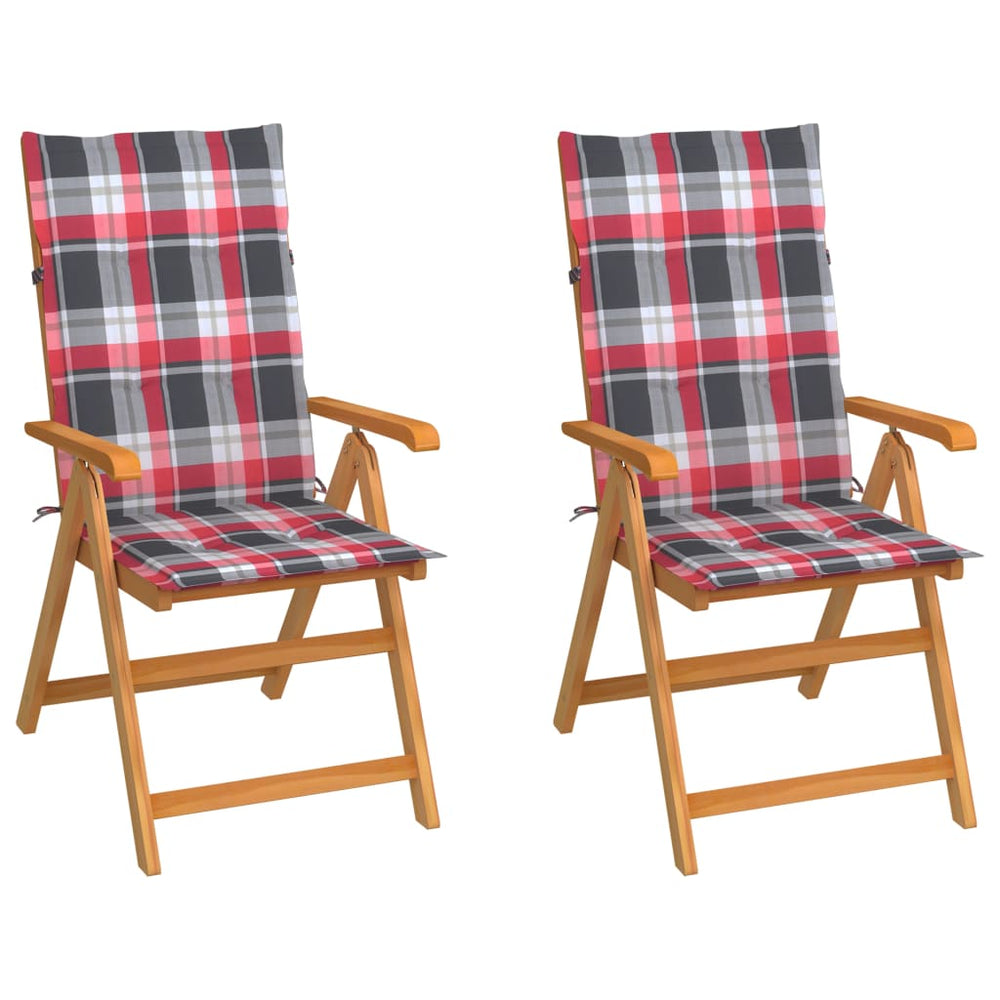 vidaXL Garden Chairs 2 pcs. Red Plaid Cushions Solid Teak Wood