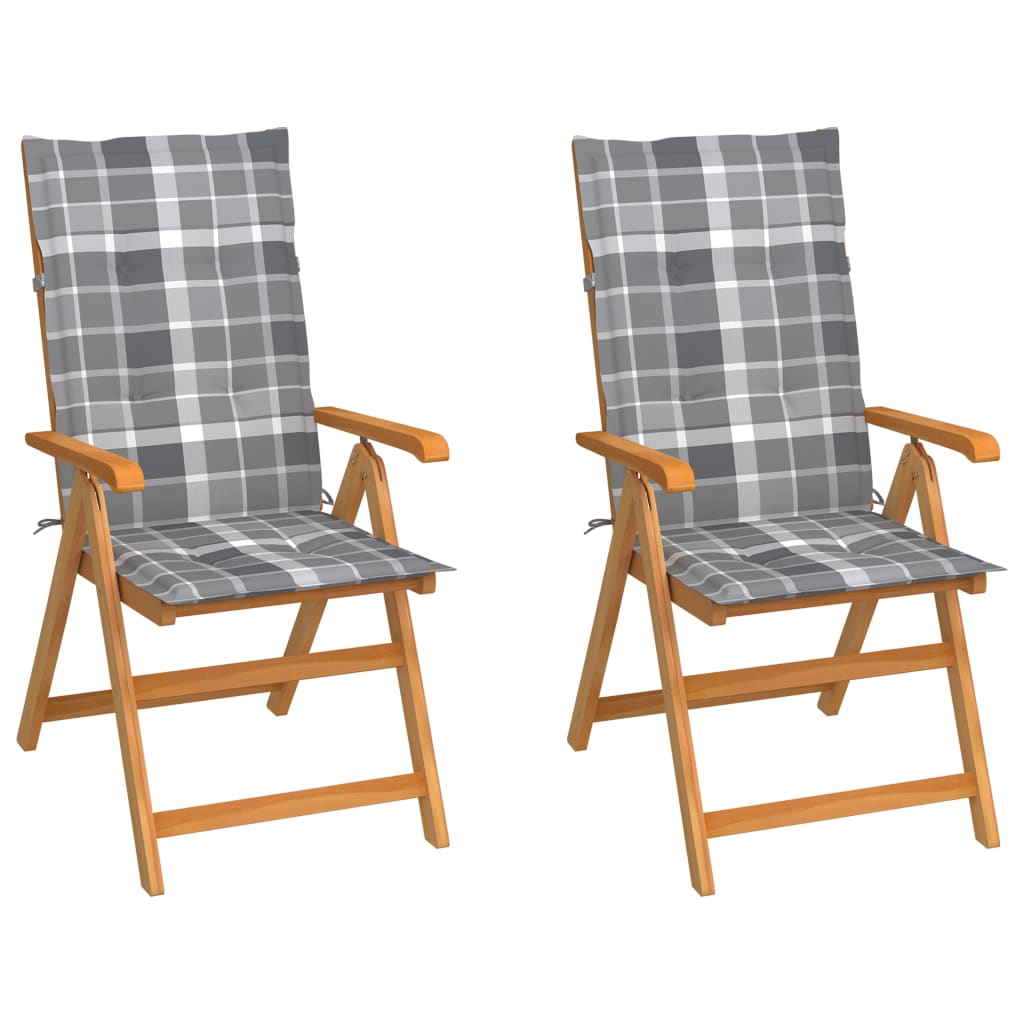 vidaXL Garden Chairs 2 pcs. Grey Plaid Cushions Solid Teak Wood