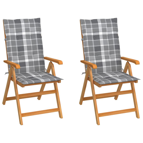 vidaXL Garden Chairs 2 pcs. Grey Plaid Cushions Solid Teak Wood
