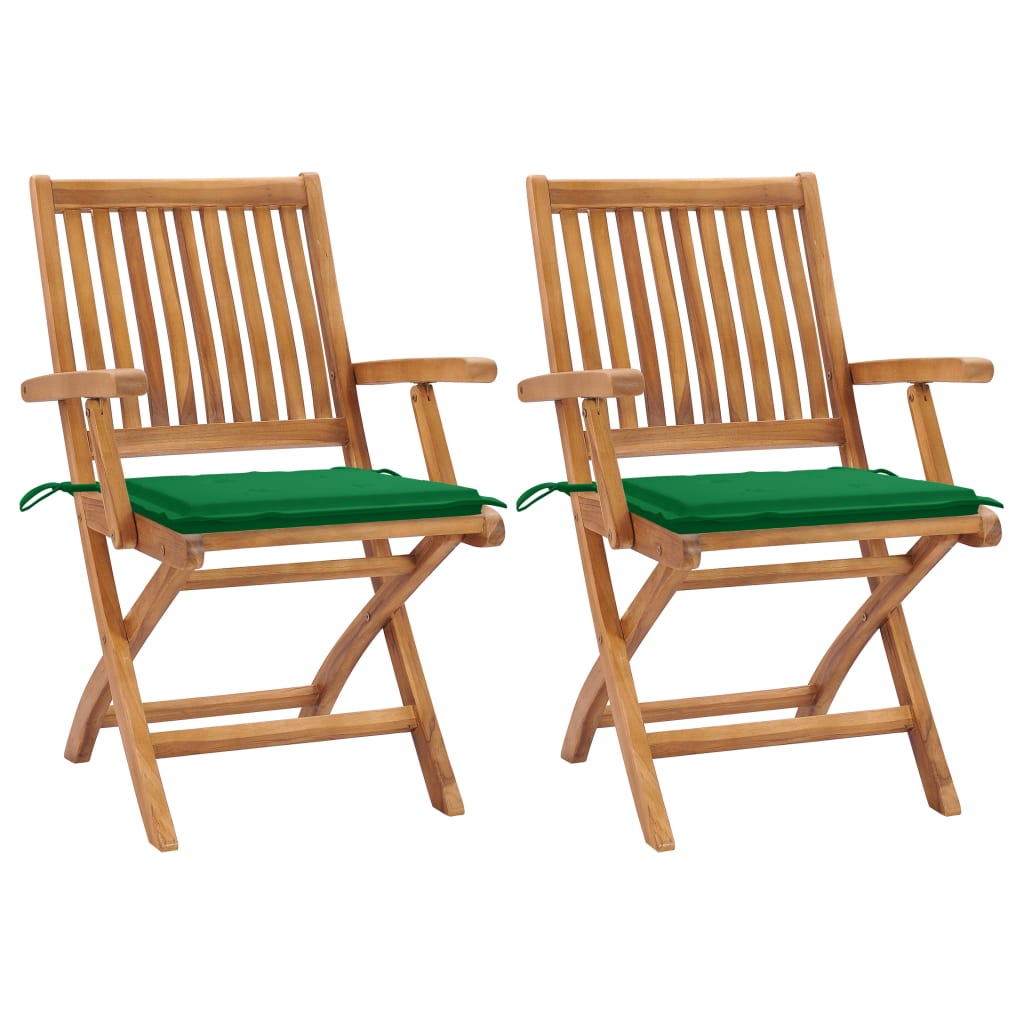 vidaXL Garden Chairs 2 pcs. with Green Cushions Solid Teakwood