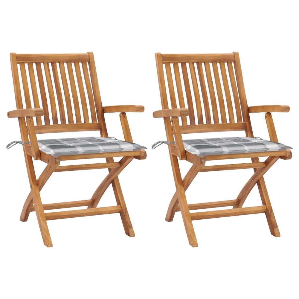 vidaXL Garden Chairs 2 pcs. Gray Plaid Cushions Solid Teak Wood