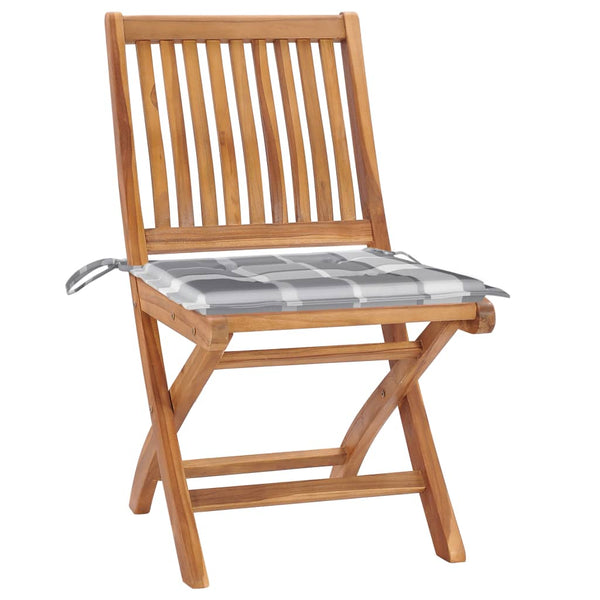 vidaXL Garden Chairs 2 pcs. Gray Plaid Cushions Solid Teak Wood