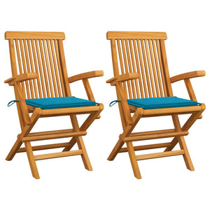 Gartenstühle mit Blauen Kissen 2 Stk. Massivholz Teak